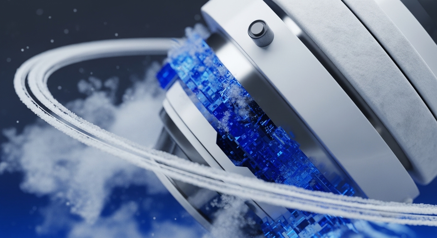 The image depicts an abstract, mechanical-digital structure featuring white, metallic-looking bands and a vibrant blue, crystalline core. Frosted white rings emanate from this central mechanism, trailing vapor or data streams against a dark, cloud-speckled background
