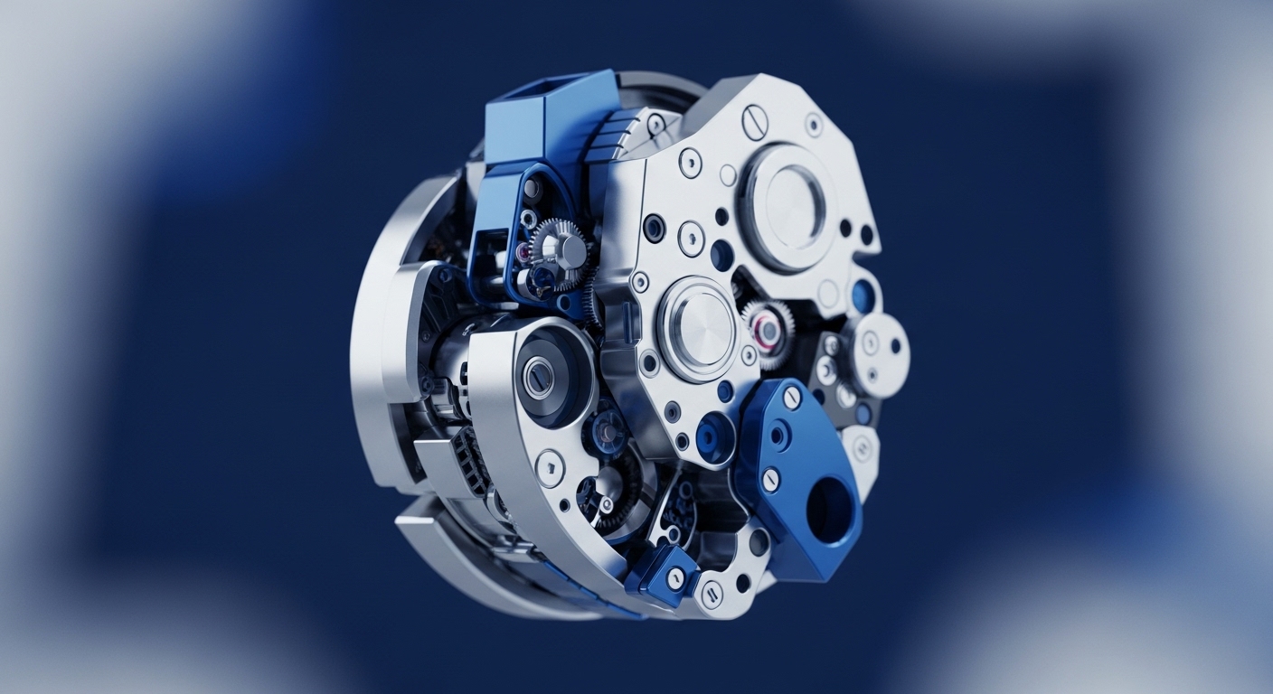 A highly detailed, three-dimensional rendering showcases an intricate mechanical movement, featuring polished silver-toned components alongside striking blue elements. Gears, plates, and shafts are meticulously arranged, suggesting a complex, high-precision engine