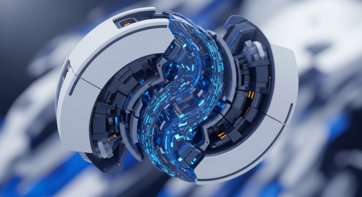 The image presents a highly detailed, futuristic mechanical device, composed of a white segmented exterior shell and dark grey internal components. At its core, a vibrant, spiraling blue light structure glows intensely, featuring numerous smaller luminous elements