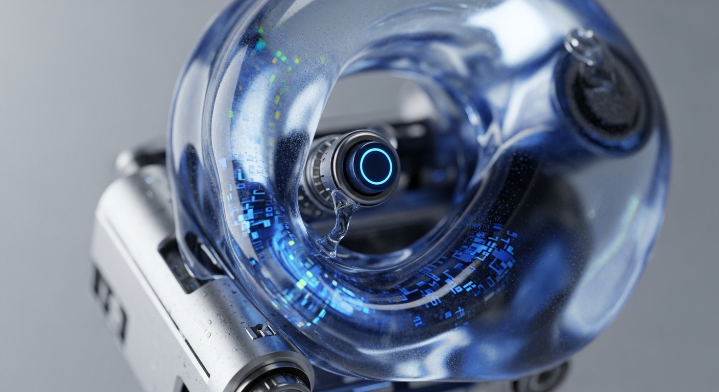 A high-tech device displays a transparent, blue, looping structure, with intricate digital patterns glowing within. A central component emits a bright blue circular light, anchoring the internal visual complexity