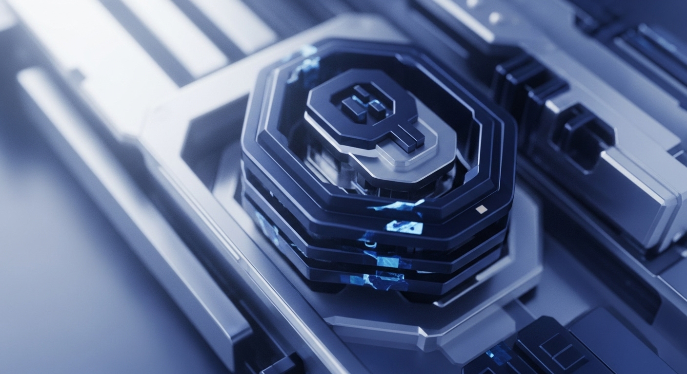 A highly detailed, futuristic metallic structure dominates the frame, centered around a multi-layered hexagonal module with a stylized symbol on its uppermost surface. Subtle blue light emanates from within its dark, polished layers, suggesting active internal processes and energy flow