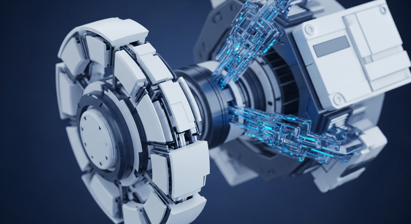 A high-resolution render depicts a futuristic, modular technological apparatus against a deep blue-grey background. The central cylindrical component connects a segmented, shielded disc on the left to a more complex, angular unit on the right, which features internal, glowing blue data conduits
