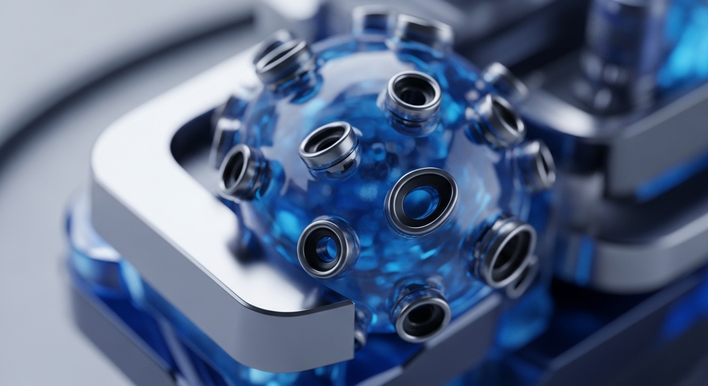 A translucent blue spherical module, intricately detailed with numerous metallic ports, is partially encased within a sleek, silver-colored metallic structure. The sphere's internal granular elements suggest complex data processing