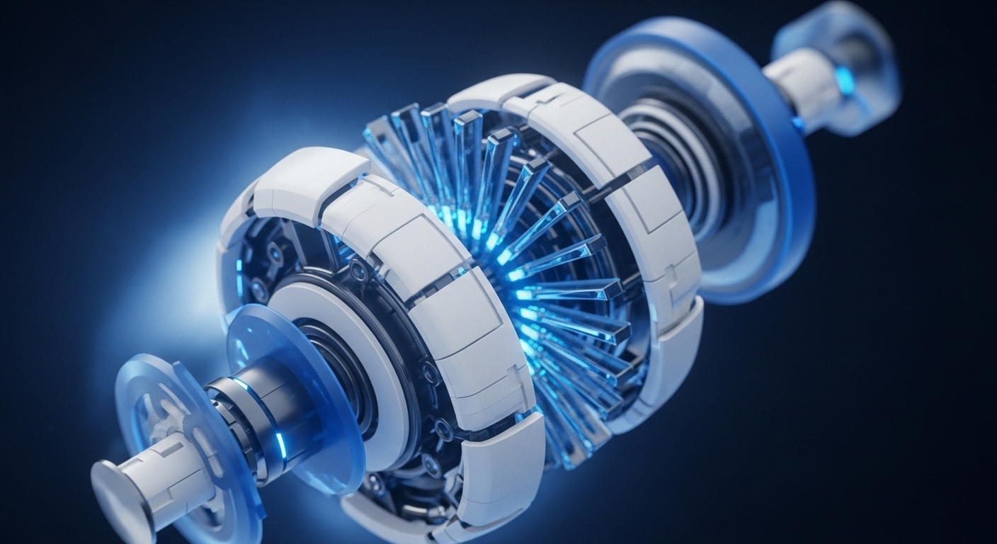 A futuristic, intricately designed mechanical assembly, predominantly white and metallic grey, glows with a brilliant blue light from its core. The central section reveals numerous radiating, translucent blue fins or blades encased by segmented outer rings, while transparent blue discs and various precision components are visible at its ends