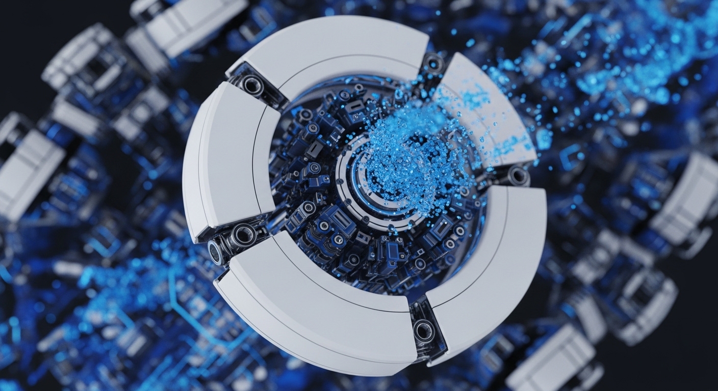 A central, futuristic circular mechanism, featuring segmented white outer plating and an intricate blue-lit core, dynamically emits vibrant blue data streams into a dark, blurred background of interconnected digital components. This sophisticated visual portrays a high-performance validator node actively processing and securing a decentralized ledger
