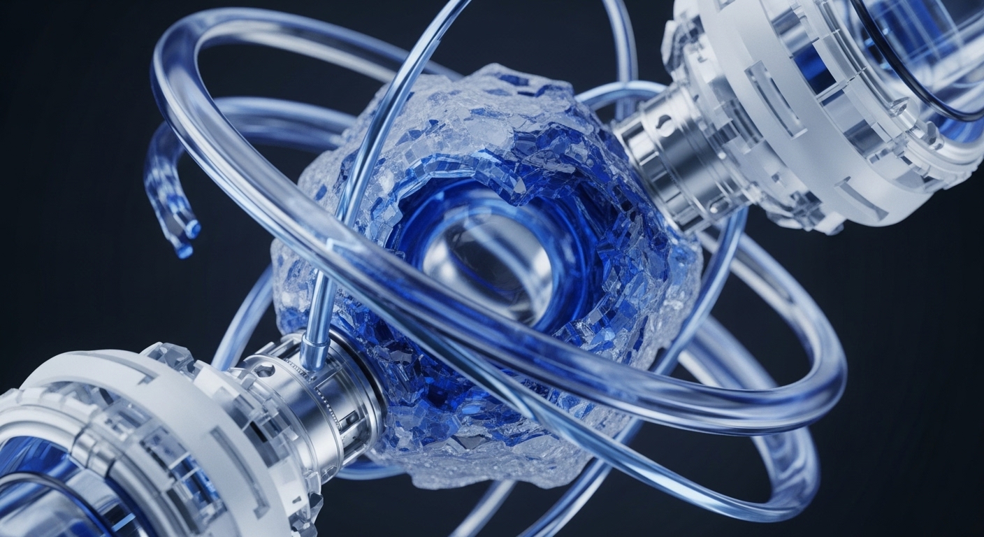 A detailed render presents an intricate abstract mechanism featuring a central, fractured blue crystalline core surrounded by translucent blue conduits and connected by metallic and white polymer structures. The visually striking composition highlights advanced engineering and fluid dynamics within a secure, high-tech environment