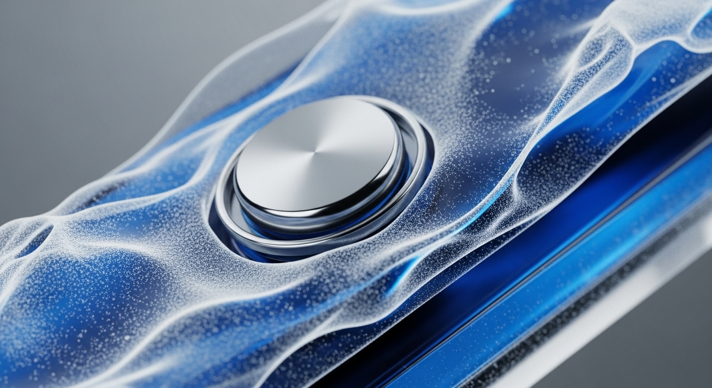 A central, brushed metallic circular component is precisely set within a vibrant, translucent blue structure. This dynamic form is intricately textured with countless white granular elements, creating a sense of digital flow and complexity