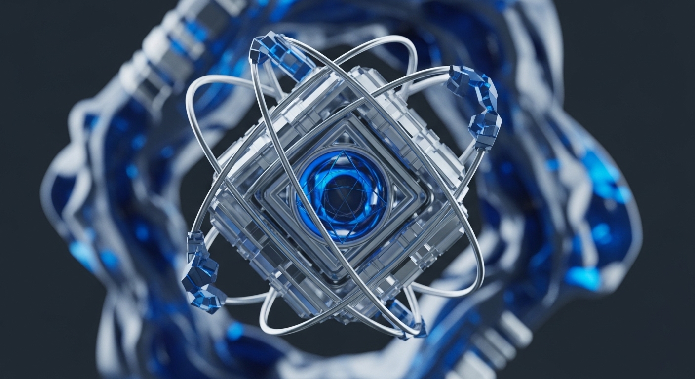A central, gleaming metallic and blue structure features nested square frames encircling a luminous blue sphere, reminiscent of a secure enclave. Orbiting silver rings with crystalline elements suggest cryptographic primitives securing a decentralized network. The blurred background depicts abstract data flows, hinting at blockchain network topology and robust transaction validation. This visual metaphor encapsulates a complex consensus mechanism, underpinning digital asset integrity and algorithmic governance within a robust distributed ledger.