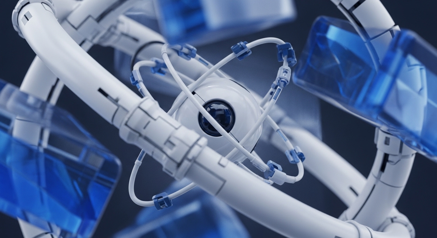 The image features a prominent white spherical module at its center, surrounded by an elaborate arrangement of white tubular structures. These interconnected conduits weave around the sphere, with additional translucent blue angular components visible in the background