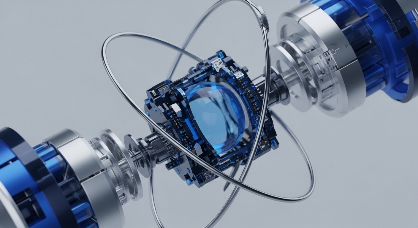 A detailed view presents an advanced mechanical and digital assembly, prominently featuring a glowing blue spherical core. Surrounding this central element are complex circuit board components, interconnected metallic rings, and transparent blue structural elements extending outwards