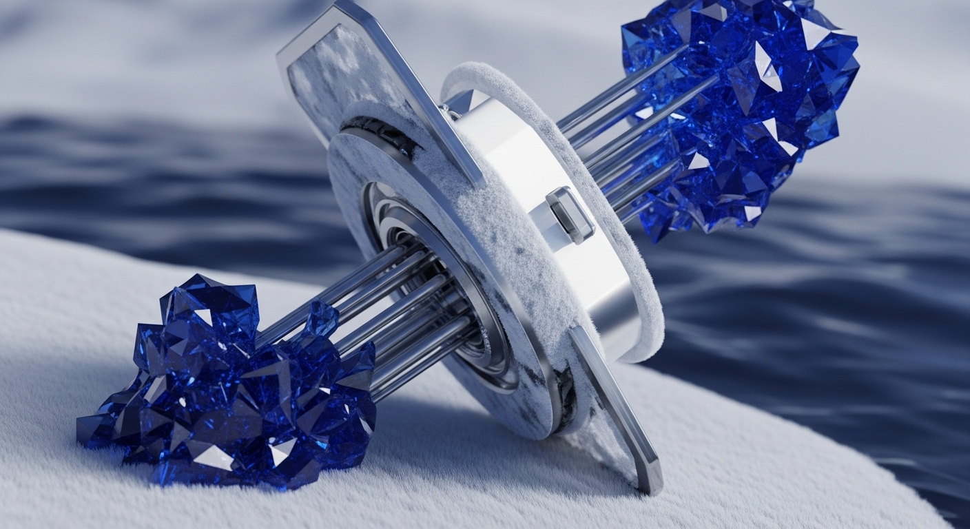 A futuristic, intricate mechanical device, featuring a central metallic core and radiating rods adorned with brilliant blue crystalline structures, is depicted partially submerged in a snowy, icy terrain. The background reveals a blurred, deep blue, wavy surface, suggesting a vast body of water or distant ice formations