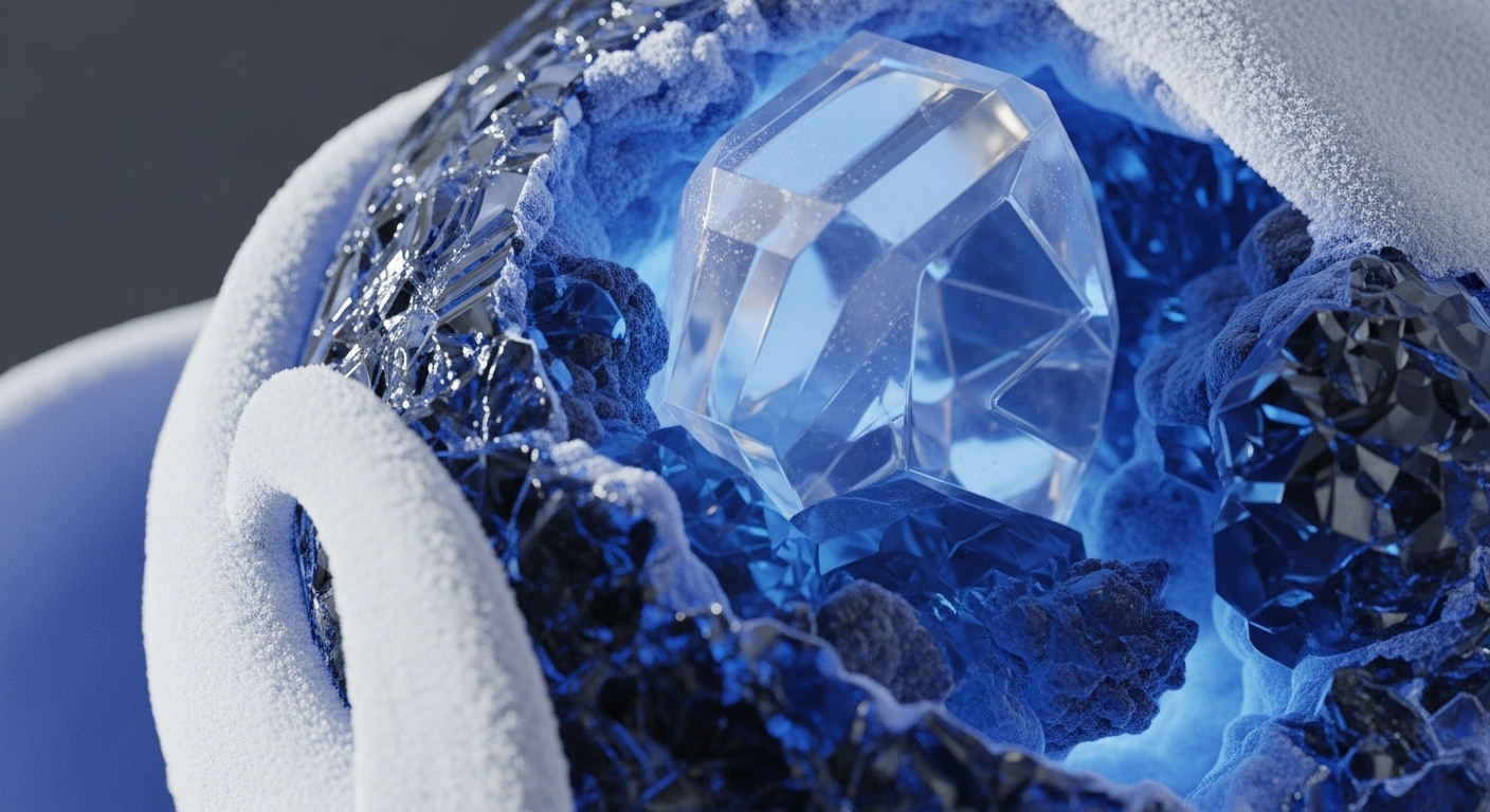 A luminous, multifaceted crystal, glowing with blue light, is nestled within a dark, textured structure, partially covered by a white, granular substance. The central clear crystal represents a high-value digital asset, perhaps a core token or a non-fungible token NFT with significant utility