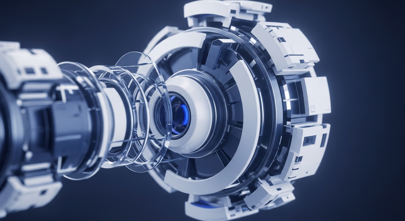 The image showcases a sophisticated, futuristic mechanical assembly, featuring metallic silver and white components with dark blue accents against a deep blue background. A glowing blue core serves as the focal point, surrounded by meticulously crafted, interlocking structures