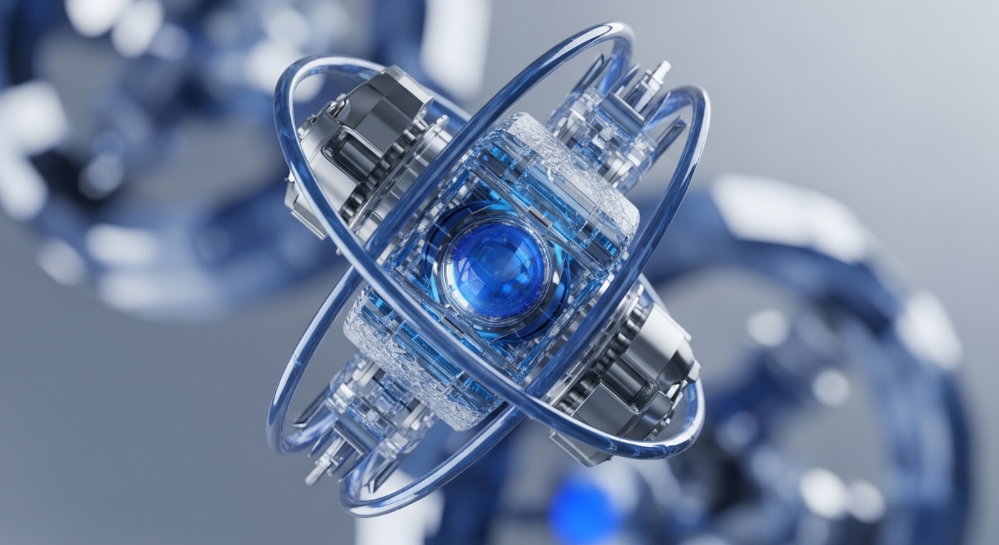 This image features a detailed, abstract rendering of a complex technological mechanism, dominated by a luminous blue spherical core. Intricate metallic and transparent structural elements are precisely interlocked around this core, further encircled by multiple glowing blue, transparent ring-like components