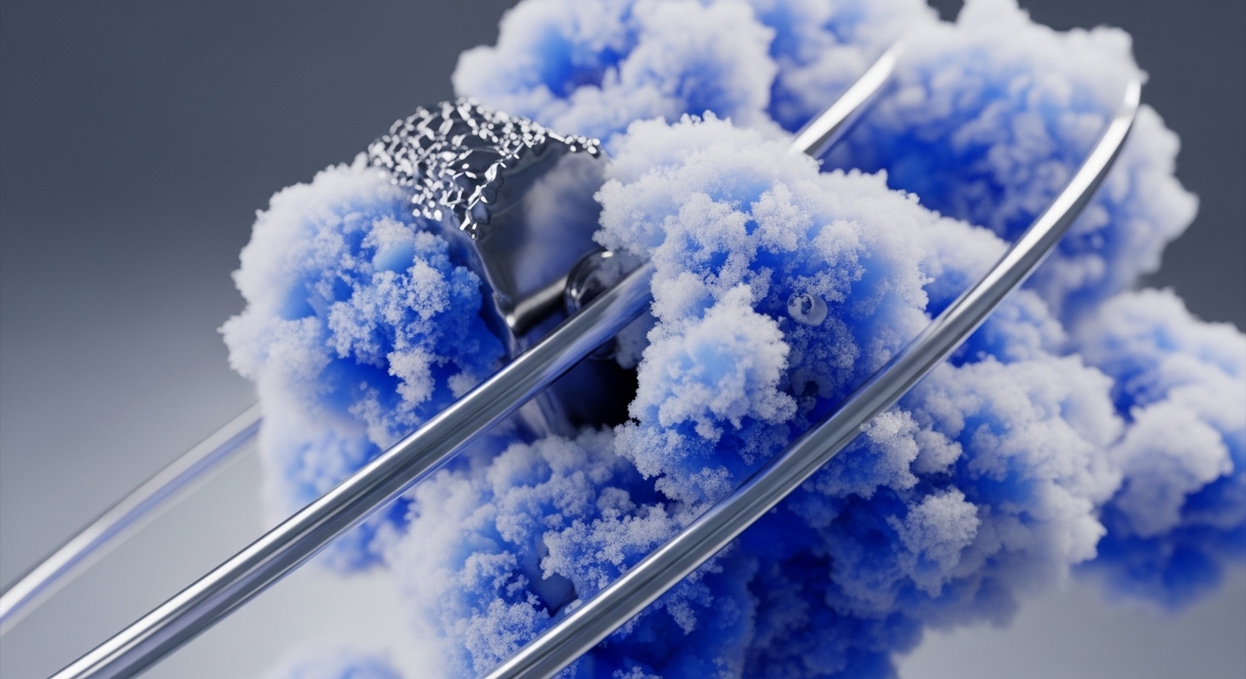 The image presents a striking abstract composition of vibrant blue and white granular, cloud-like structures intermingling with polished, reflective metallic rods and a distinct textured metallic block. These elements create a dynamic visual, suggesting complex interactions within a confined space