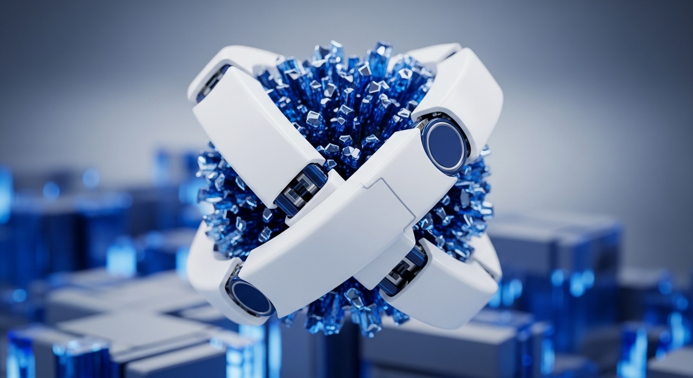 The image features a striking spherical cluster of sharp, translucent blue crystals, partially enveloped by four sleek, white, robotic-looking arms. These arms interlock precisely, each displaying a dark blue circular detail, against a blurred, high-tech backdrop of glowing blue and grey structural elements