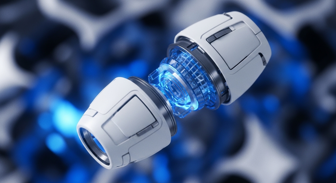 Two sleek, white, futuristic mechanical components are precisely joined at their centers by a transparent, glowing blue energy core. This core emits a bright, pulsating light, illuminating the internal, intricate structures of the connection