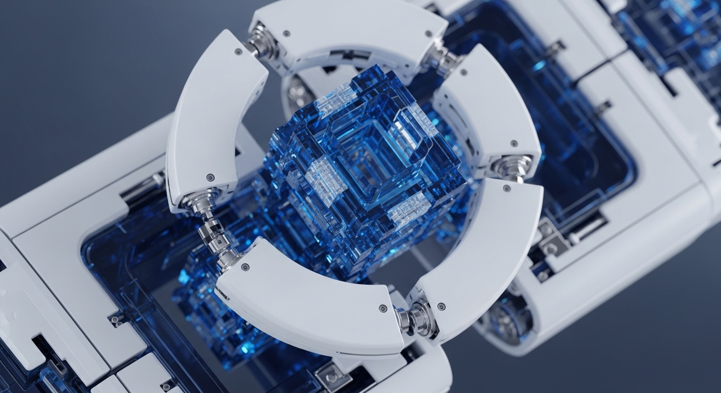 A luminous, multi-faceted blue crystalline cube, possibly representing a cryptographic primitive or a secure enclave, forms the central focus. It is enveloped by sleek, white robotic components, suggesting automated consensus mechanism orchestration or digital asset processing within a decentralized ledger infrastructure. The intricate internal structure of the blue cube hints at complex blockchain architecture or advanced smart contract execution logic. The overall composition evokes precision engineering and the secure handling of critical data within a highly advanced, automated distributed network environment.