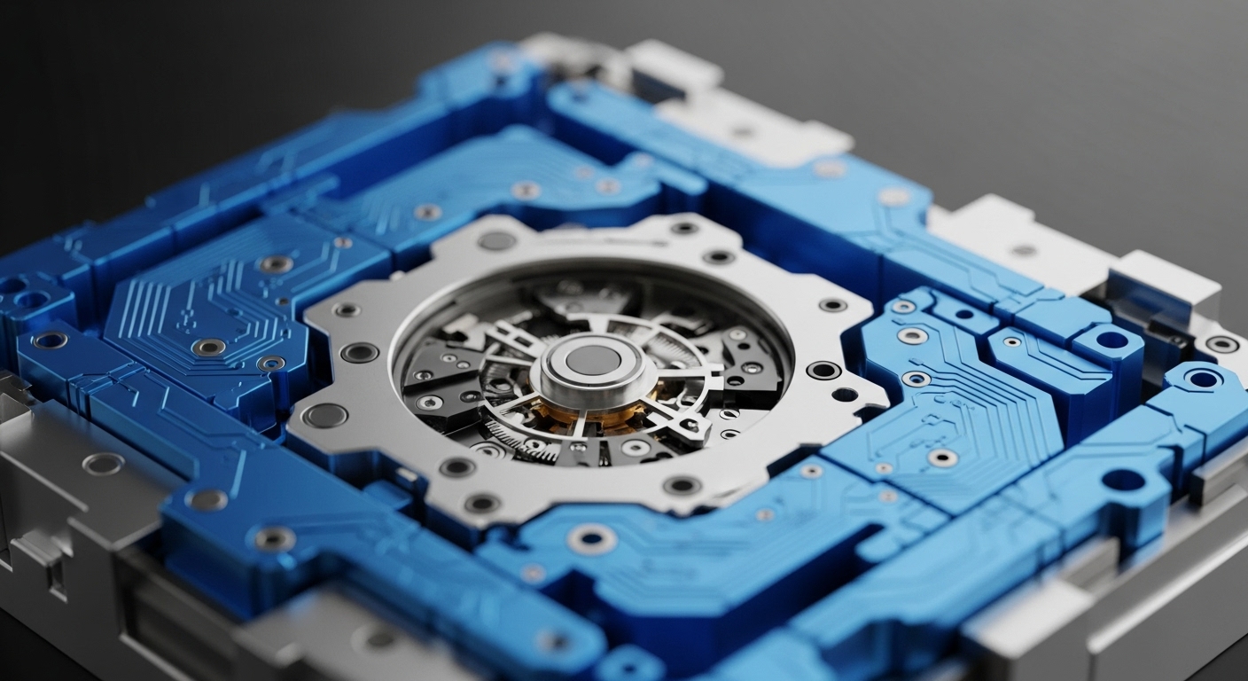 A sophisticated blue and silver hardware unit presents an exposed, intricate central consensus mechanism. The vibrant blue panels feature etched, interconnected pathways, symbolizing distributed ledger technology data flow and network topology. A prominent silver housing surrounds the core, revealing precision gears and components, indicative of a secure enclave or a cryptographic primitive engine. This advanced design suggests a dedicated validator node or a hardware wallet's secure processing unit, emphasizing the physical layer of blockchain infrastructure for robust digital asset management.