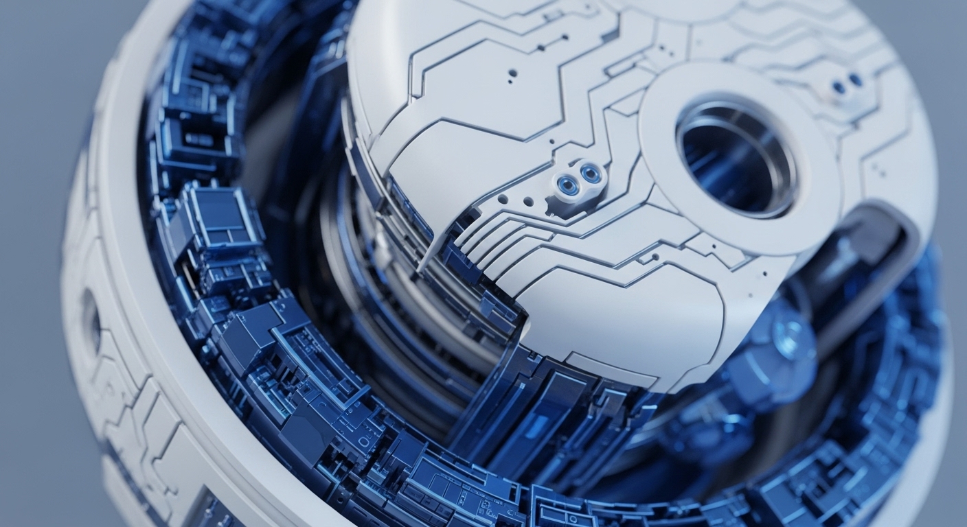 The image shows a close-up of a futuristic mechanical device, predominantly white and deep blue. A central white, smooth, circular component with etched circuit lines is surrounded by an intricate ring of blue, angular, interconnected modules