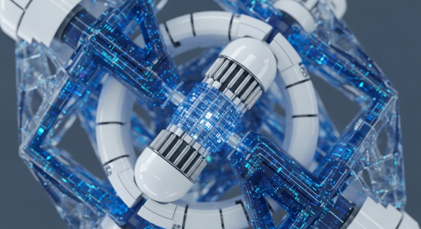 A sophisticated, white and translucent blue geometric structure forms a complex decentralized processing unit. A central cylindrical core, segmented with metallic fins, emits intense blue light, suggesting a powerful consensus engine or block validation unit