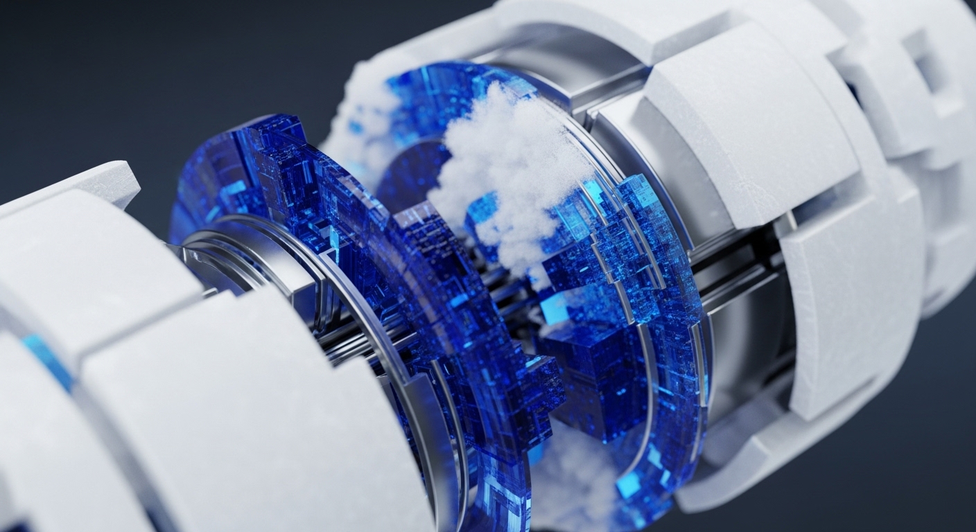 The image showcases a sophisticated, abstract mechanical assembly featuring segmented white external components and transparent blue internal structures. These intricate blue elements are adorned with glowing digital patterns, surrounded by swirling white vapor