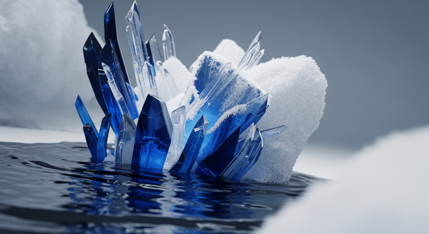 A cluster of vibrant blue and clear crystalline structures rises from dark, reflective water, partially enveloped by soft white snow. The background features a muted grey sky, creating a stark, cold environment