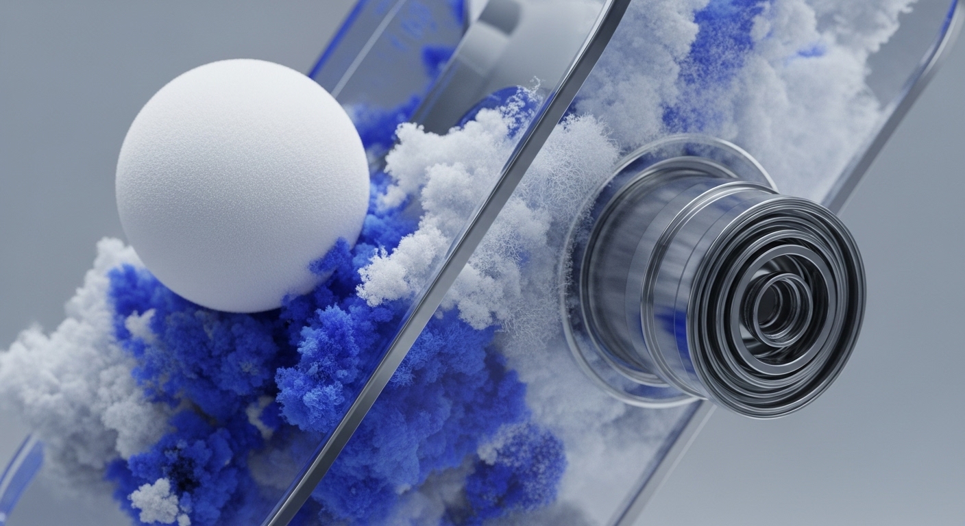 A pristine white sphere, potentially a fungible token or a cryptographic key, rests amidst dynamic blue and white granular data streams, symbolizing transaction data or network activity. This digital asset is contained within a transparent protocol layer, hinting at secure smart contract execution