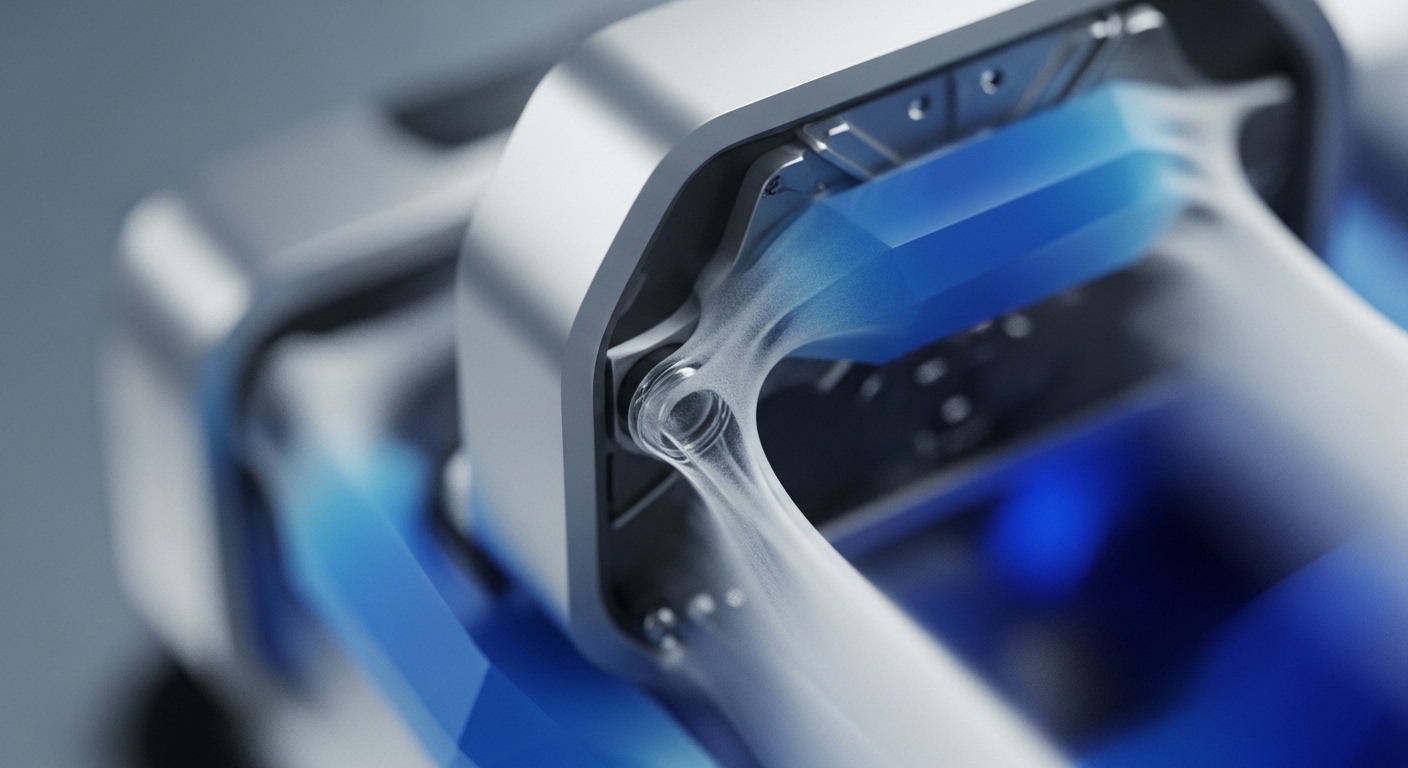 The image showcases the sophisticated internal components of a high-tech device, featuring translucent blue channels and wispy white elements flowing through a metallic structure. This detailed perspective highlights the intricate engineering and dynamic processes occurring within the system