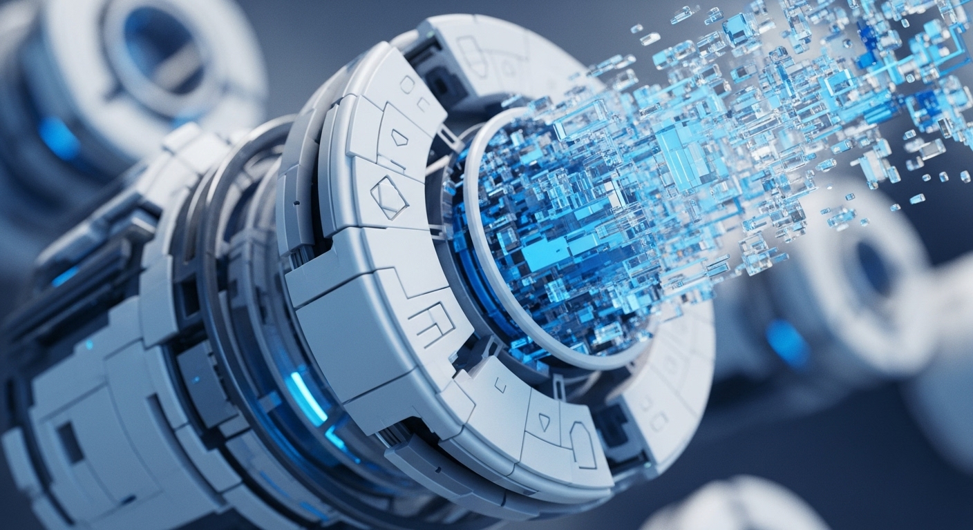 A futuristic, white and grey circular machine with glowing blue elements is shown actively processing and emitting a vibrant blue stream of data particles. The intricate design highlights advanced technological mechanisms at play