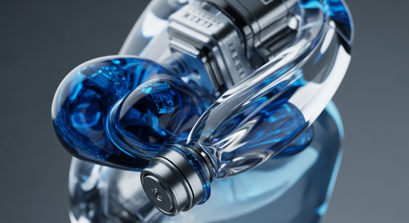 A translucent, intricate structure encases vibrant blue, particulate matter, reminiscent of dynamic data streams within a decentralized network. Metallic, precision-engineered components integrate seamlessly, suggesting advanced cryptographic modules and secure hardware enclaves