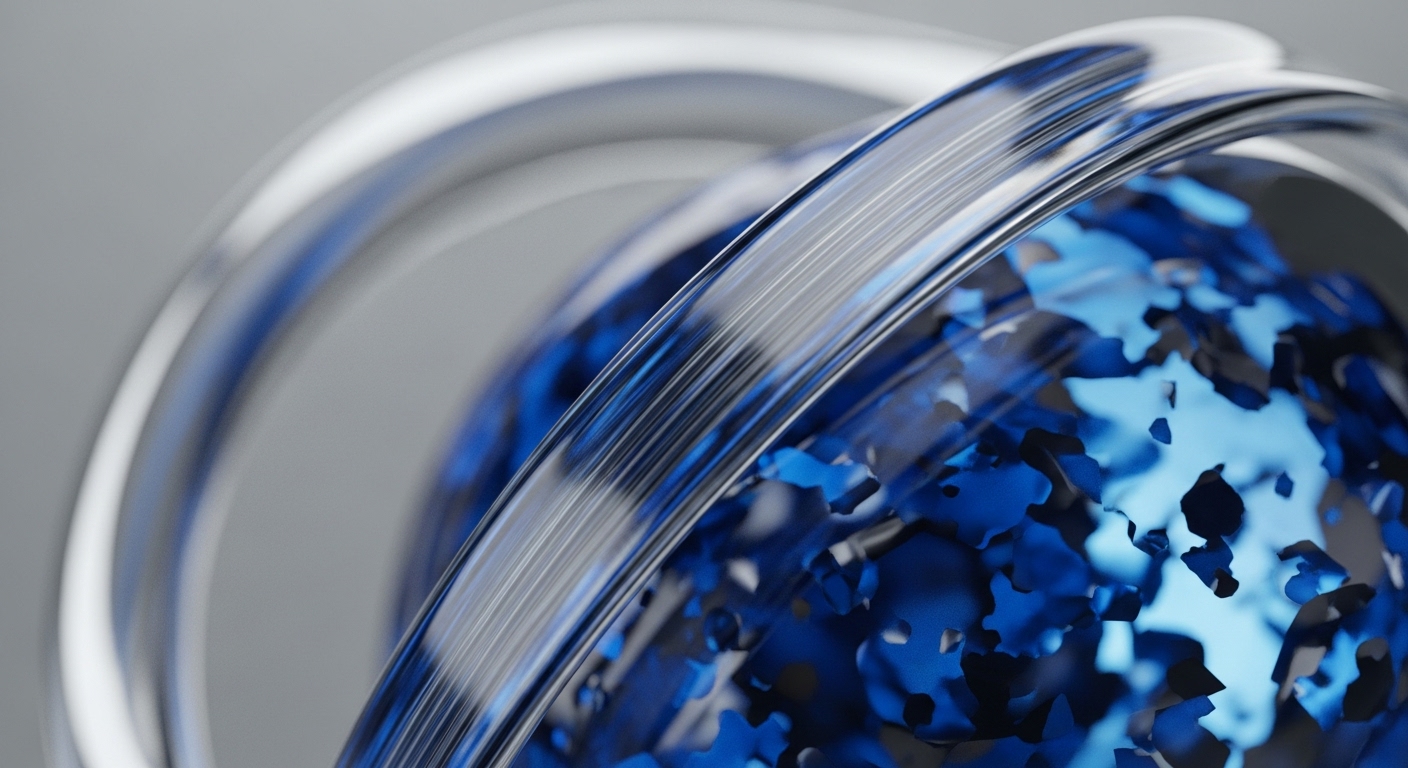 A central sphere, composed of numerous fragmented blue and dark blue shapes, is encircled by multiple transparent, reflective rings. The background is a soft, neutral grey, emphasizing the dynamic, abstract structure