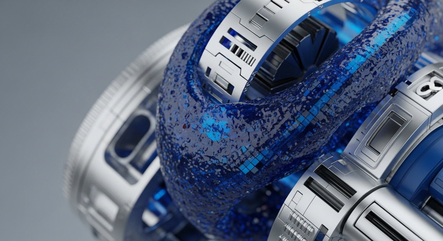 A close-up reveals futuristic, interlocking metallic structures integrated with a textured, glowing blue substance. These components form a complex, dynamic system, highlighting the interplay between robust infrastructure and energetic data flow