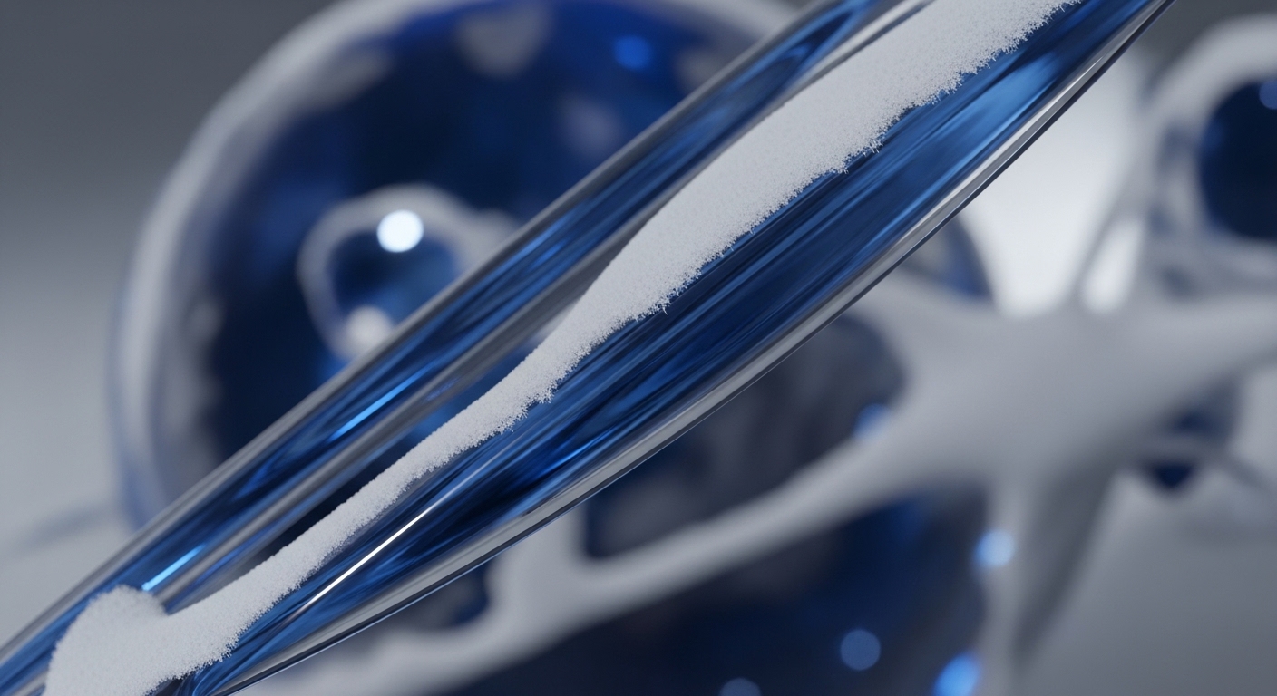 A translucent blue conduit, representing a blockchain data stream, shows a white granular substance flowing within, symbolizing tokenized assets or cryptographic hashes. This visual metaphor illustrates the efficient transaction throughput across a decentralized network. Background elements suggest interconnected validator nodes and the underlying Web3 infrastructure. The pristine white particles could signify sharding components or atomic swaps, ensuring seamless cross-chain interoperability. This depicts the intricate mechanics of DeFi protocols and layer-2 scaling solutions, optimizing block propagation and transaction finality within the distributed ledger technology.