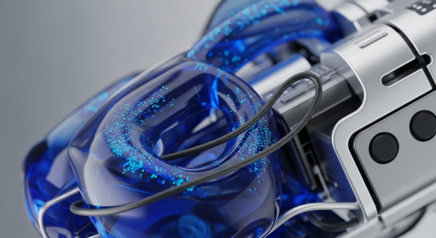 The image presents a detailed perspective of a high-tech apparatus, showcasing translucent blue pathways filled with vibrant blue particles. These particles are actively moving through the system, suggesting dynamic internal processes
