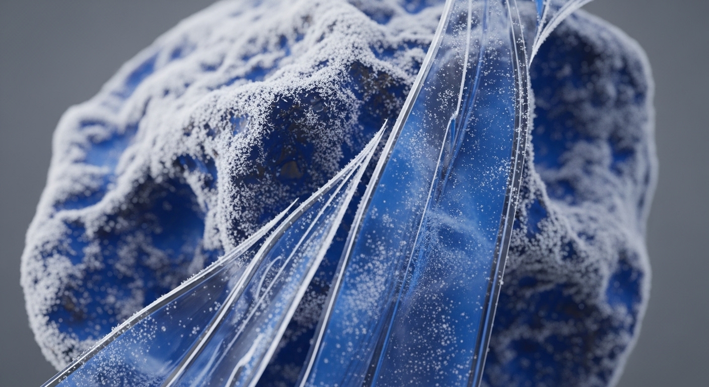 A textured, deep blue core, resembling a foundational digital asset or blockchain architecture, is partially enveloped by granular white particles, indicative of encrypted data or network nodes. Transparent, multi-faceted structures, akin to protocol layers or transaction channels, emanate from the foreground, densely populated with effervescent data packets. These elements suggest dynamic data fragmentation and the intricate pathways of transaction validation within a decentralized network. The visual metaphor highlights cryptographic hashing processes and the continuous flow essential for immutable ledger integrity and scalability.