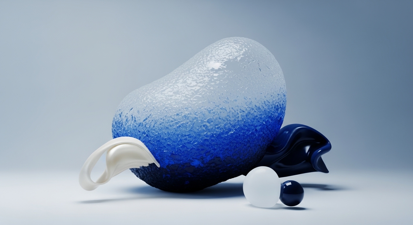 The image displays abstract sculptural forms on a light blue-grey background, featuring a large, textured blue gradient object alongside smooth white and dark blue flowing elements and two spheres. This composition visually interprets complex interdependencies within a blockchain ecosystem