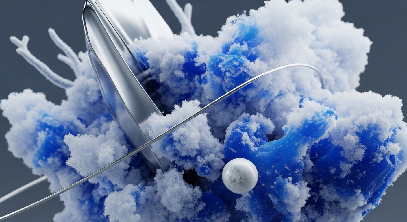The image displays a complex abstract composition featuring a prominent mass of deep blue, textured material partially covered by fluffy white particles. A sleek, reflective silver object cuts through this blue and white structure, accompanied by thin, arcing silver wires and a small, mottled white sphere
