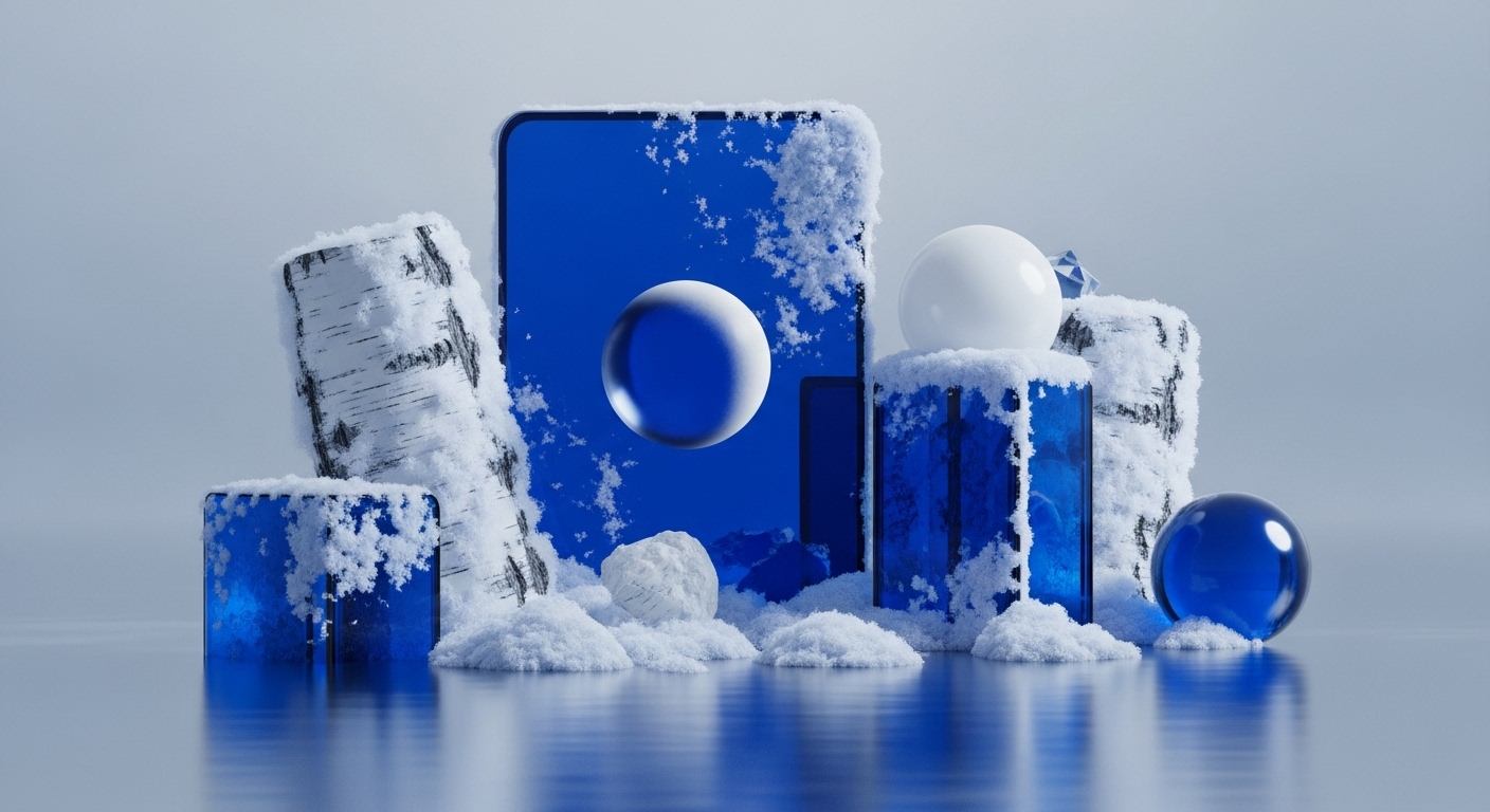 Translucent blue geometric blocks, emblematic of foundational blockchain architecture and EVM compatibility, are partially covered in white snow, signifying layer-2 scaling or cold storage. Birch logs, representing robust node operation and immutable records, stand alongside. A prominent blue screen, suggestive of a dApp interface or blockchain explorer, displays a floating white governance token or oracle sphere. Smaller white digital assets and blue liquidity pool spheres rest on a reflective surface, reflecting the structured Web3 infrastructure and inherent data integrity of a virtual economy.