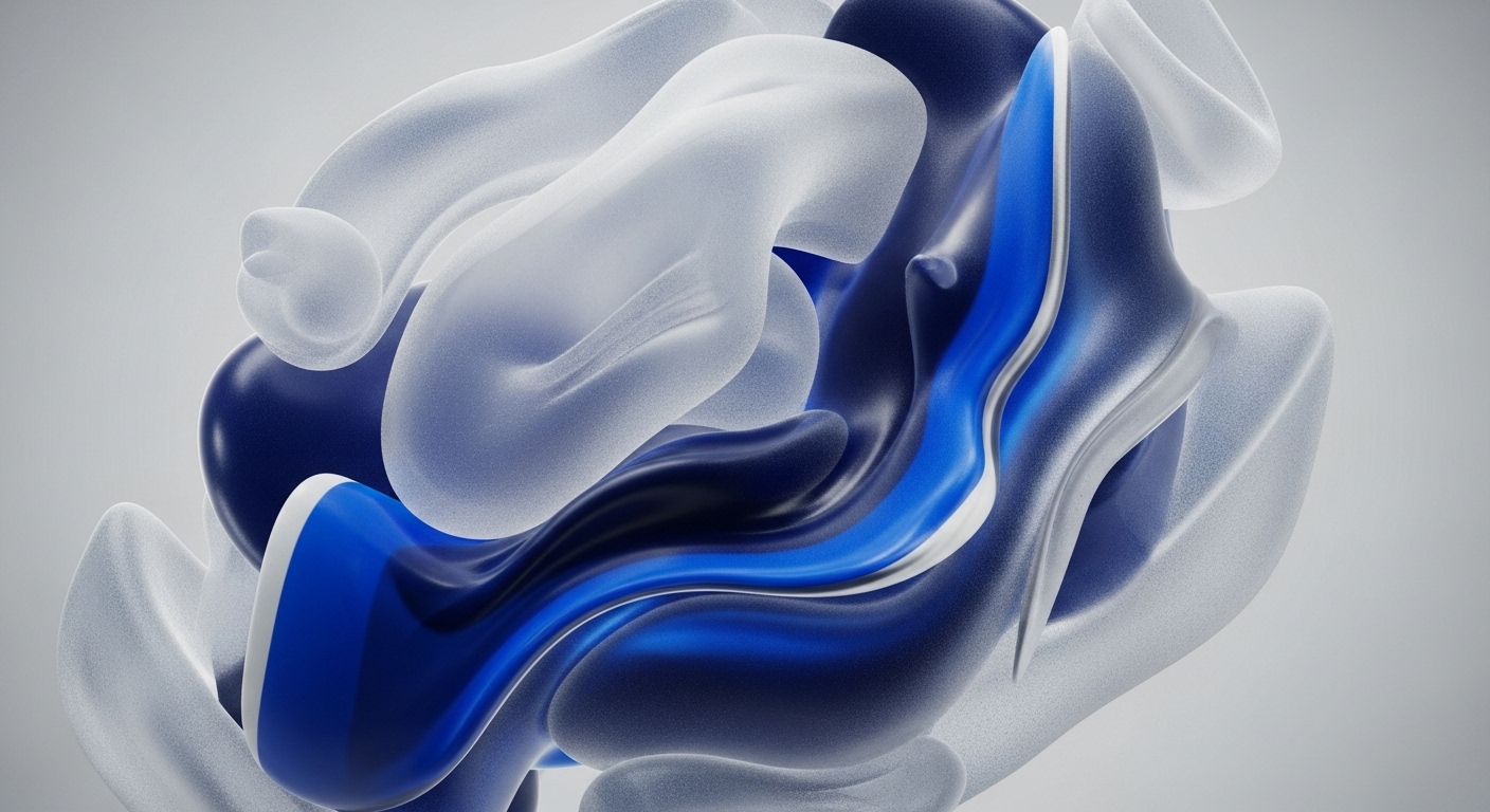 The composition features interwoven, fluid shapes in varying opacities of white, dark blue, and electric blue, creating a dynamic abstract visual. Translucent white forms contrast with glossy, deep blue and vibrant electric blue elements, suggesting depth and interconnectedness