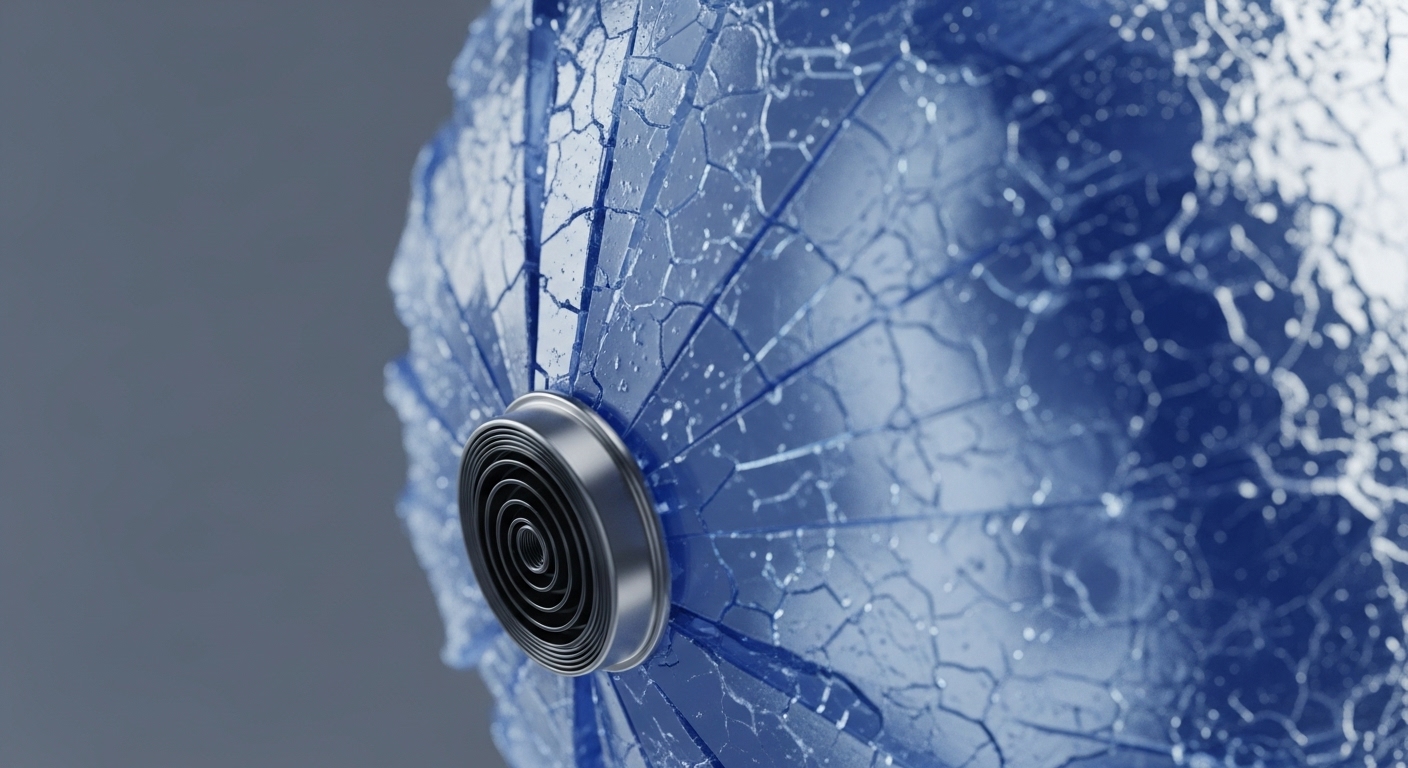 The image displays a detailed close-up of a textured, blue surface with a fractured, ice-like pattern, featuring a prominent metallic, circular component with concentric rings on its left side. The background is a soft, out-of-focus grey