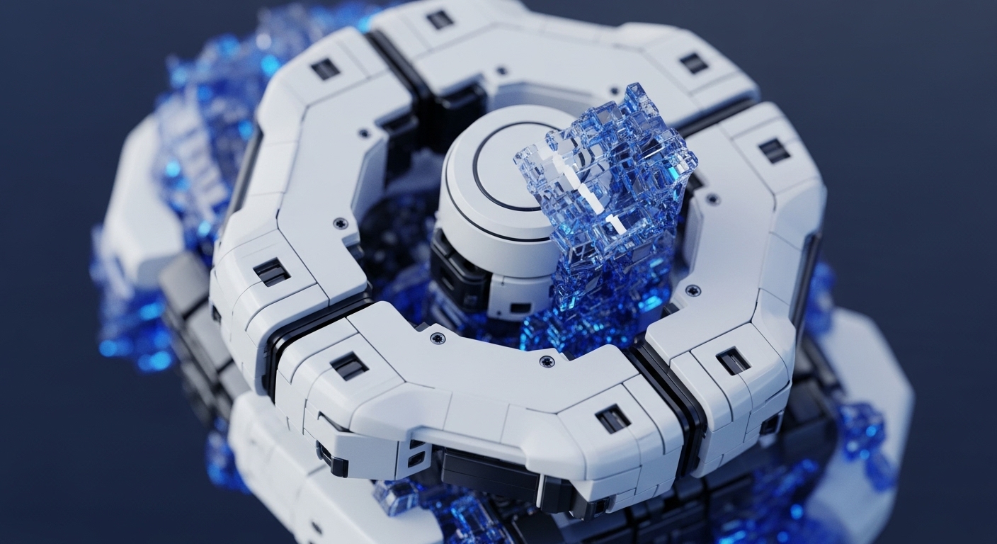 A close-up view presents a futuristic, white, hexagonal mechanical structure with integrated black accents, surrounding a central circular component. Within this intricate framework, numerous translucent blue cubic elements are visible, appearing as if flowing or contained, suggesting dynamic interaction and data transfer