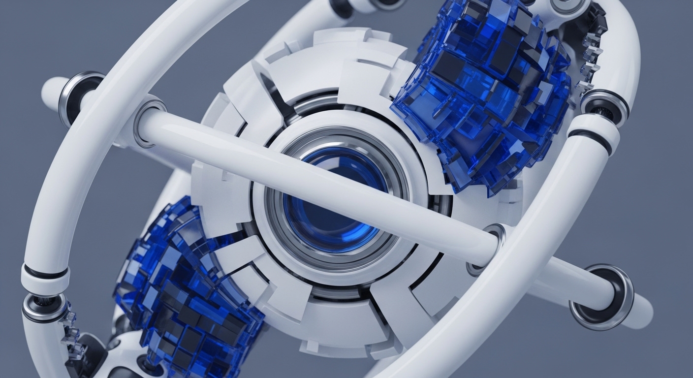 A detailed view reveals a futuristic mechanical assembly, featuring a prominent central circular mechanism surrounded by a helix-like arrangement of smooth white tubular components. Embedded within this framework are numerous translucent blue cuboid elements, appearing as structured data units