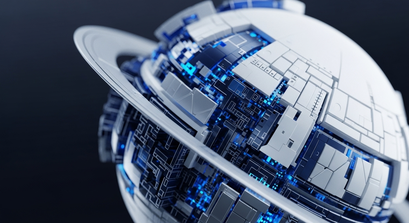 A detailed 3D rendering displays a complex spherical object with a prominent ring, against a dark, minimalist background. The sphere's surface is composed of numerous white and gray geometric panels, revealing an intricate network of glowing blue circuits beneath