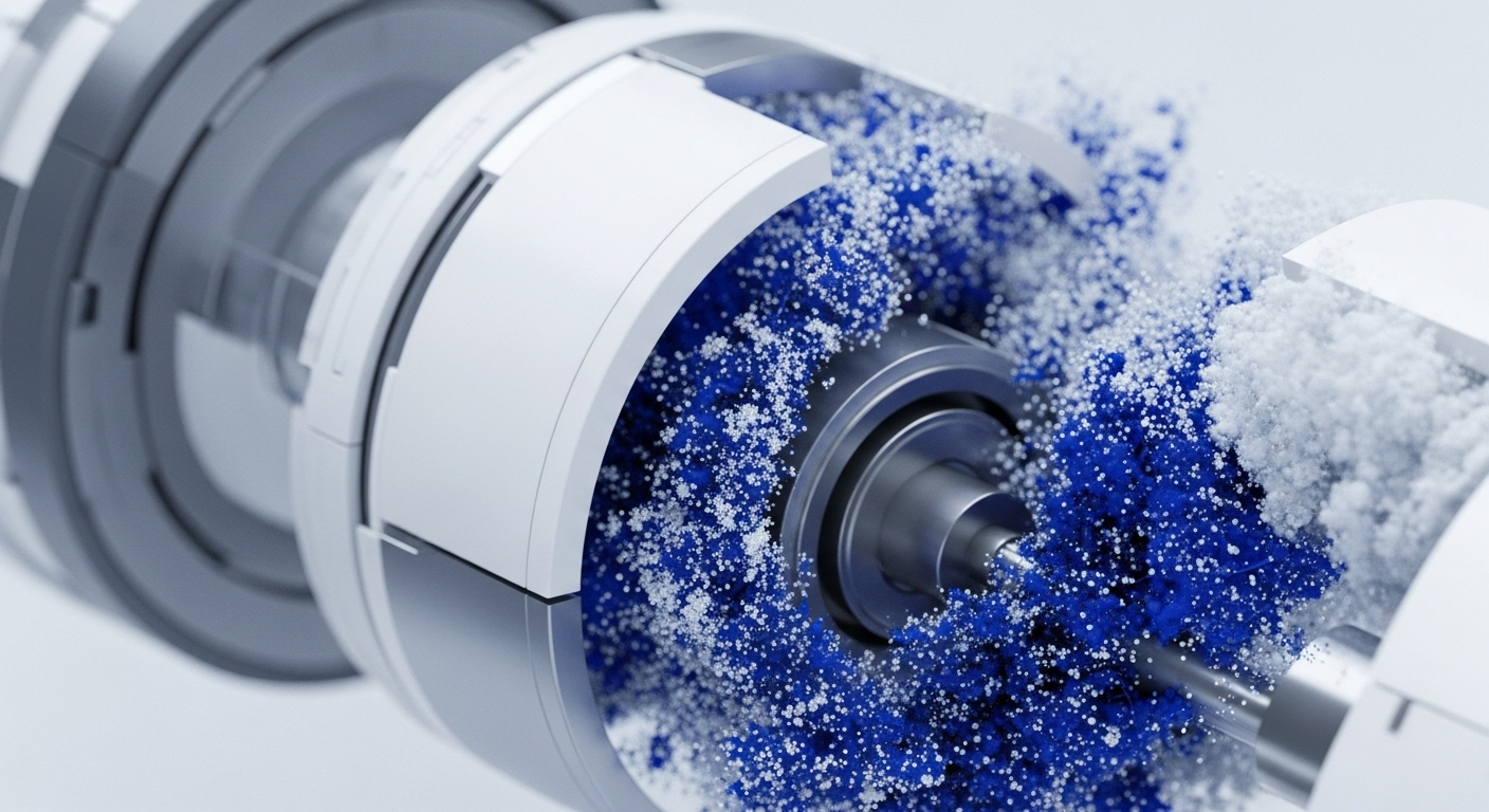 A high-resolution, close-up shot displays the internal components of a modern, cylindrical machine. Inside, blue and white granular materials are actively swirling and mixing around a central metallic shaft, revealing a sophisticated decentralized processing environment