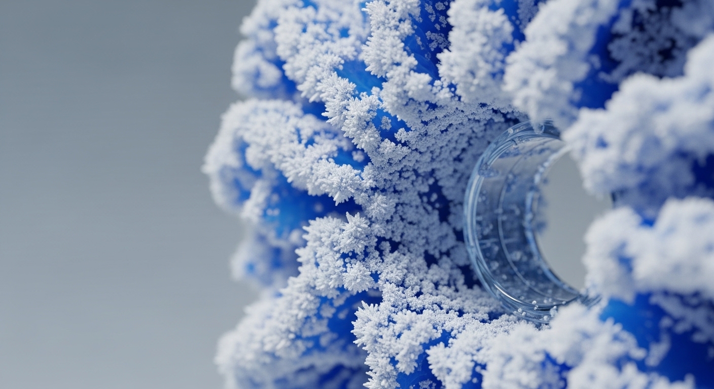 Intricate blue structures, densely covered in sharp white crystalline formations, evoke robust blockchain architecture. A transparent cylindrical element, suggesting a secure channel or liquidity pool, is partially visible, surrounded by granular white deposits. These formations symbolize meticulous cryptographic proof mechanisms and network validation processes underpinning decentralized ledger technology DLT. The composition highlights complex growth and immutability inherent in a distributed network, emphasizing digital asset security and precise smart contract execution.