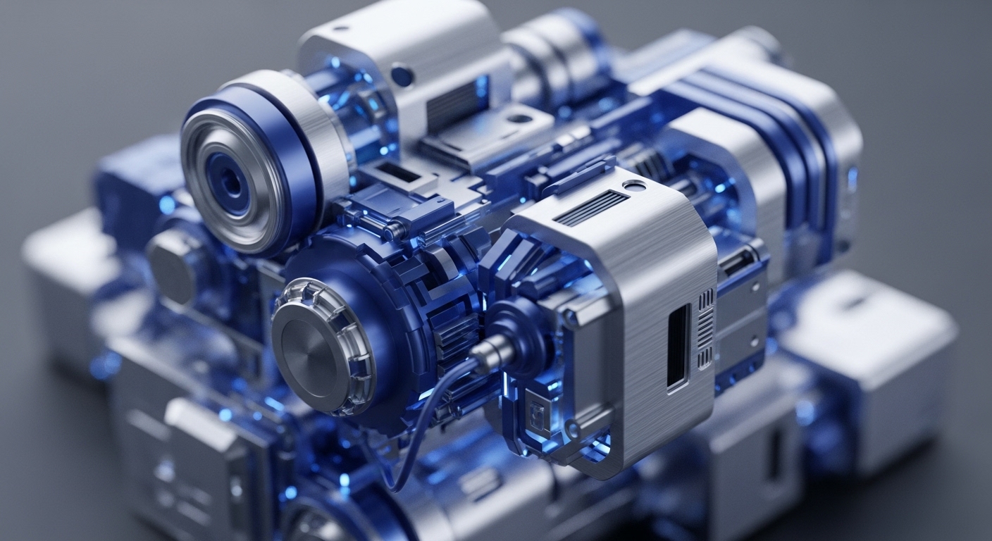 A highly detailed, close-up view presents a complex, futuristic hardware assembly composed of brushed metallic silver and translucent blue elements. Internal blue lighting emanates from within the transparent sections, highlighting intricate gears, circuits, and connections