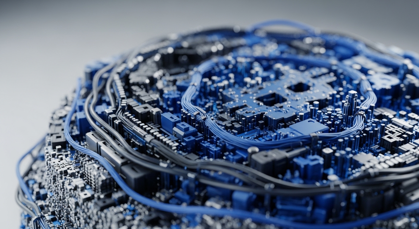 A close-up view captures a spherical electronic circuit board, densely populated with small blue and metallic grey components. Numerous blue and black insulated wires are intricately routed across its surface, connecting different sections, highlighting complex interconnections