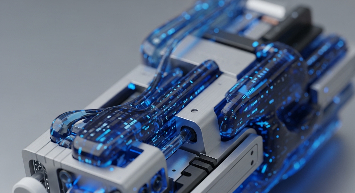 Sleek metallic hardware unit features translucent conduits showcasing active blockchain architecture data streams. Luminous blue tokenized data flows through intricate channels, symbolizing decentralized ledger operations and smart contract execution. This advanced node infrastructure emphasizes data integrity and cryptographic hash functions within a secure enclave. The design suggests robust transaction validation and network throughput essential for Web3 hardware and DeFi infrastructure, ensuring immutable record keeping.