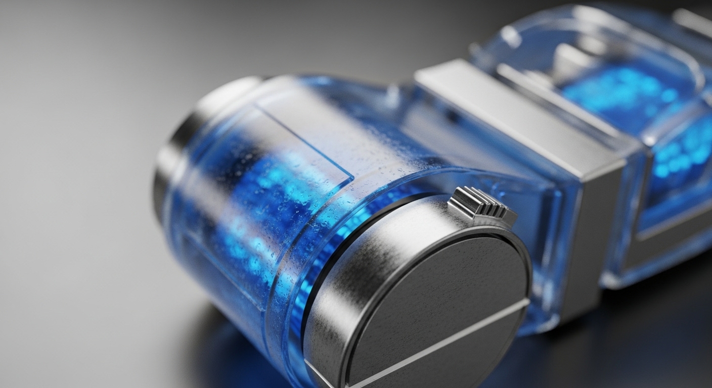 A close-up view captures a futuristic device, featuring transparent blue cylindrical and rectangular sections filled with glowing blue particles, alongside brushed metallic components. The device rests on a dark, reflective surface, with sharp focus on the foreground elements and a soft depth of field blurring the background